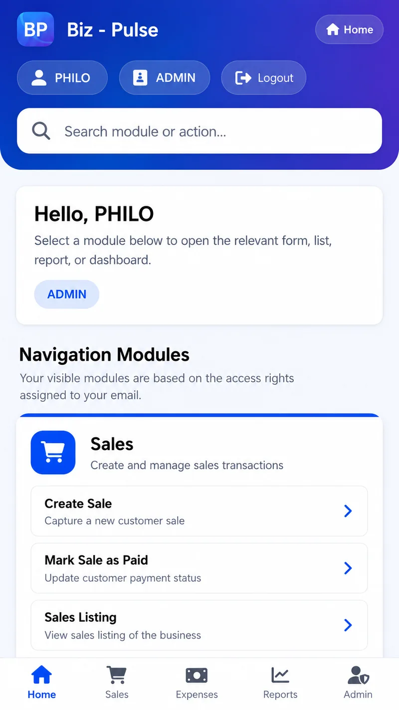 Final Biz-Pulse phone dashboard design with transparent background