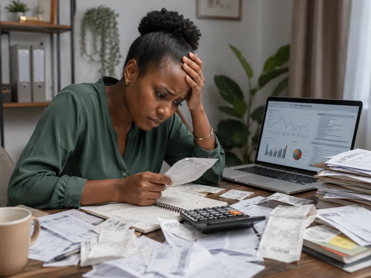 Frustrated small business owner reviewing receipts, invoices and confusing numbers