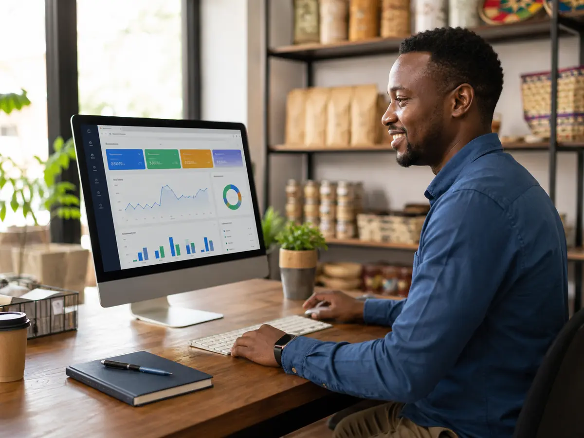 Business owner relieved while reviewing a clean Biz-Pulse dashboard on a laptop